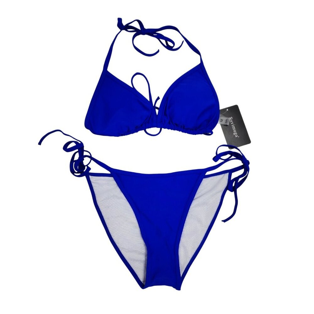 Two-Piece Blue Halter Bikini Set  Adjustable Triangle Top Tie-Side Bottoms SZ M
